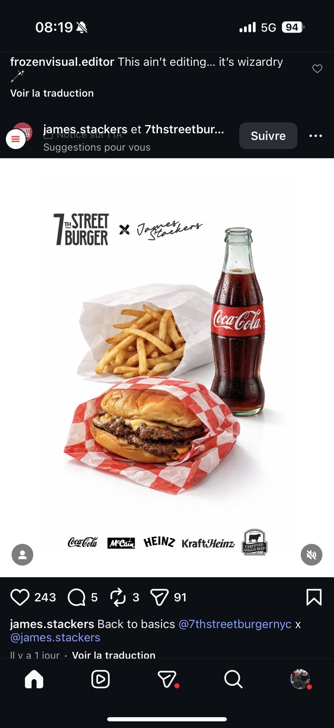 7th Street Burger x James Stackers — collab burger, frites et Coca-Cola