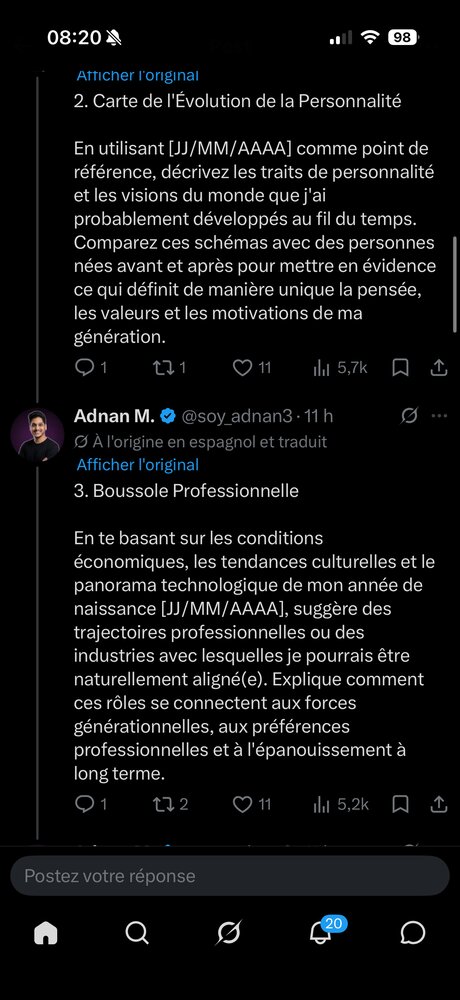 Fil de prompts structurés autour d'une variable [JJ/MM/AAAA] à substituer, illustrant une technique de templating réutilisable