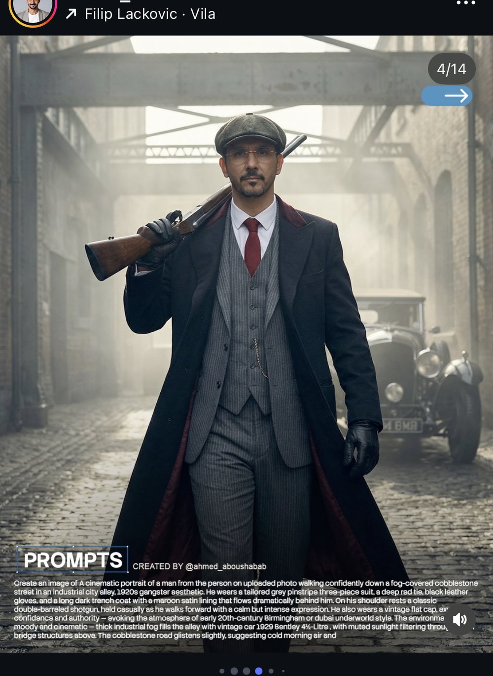 Portrait façon gangster 1920s et scène d'action catastrophe — prompts affichés 1