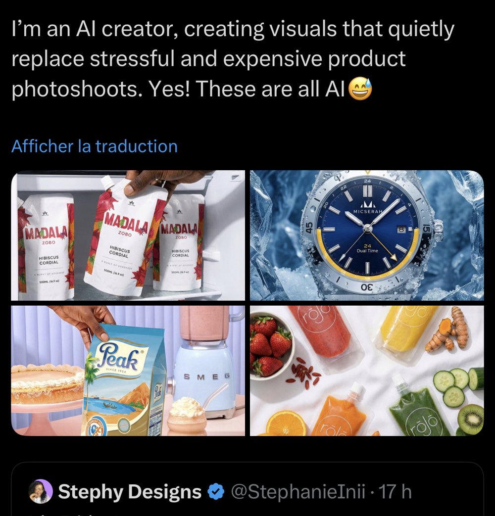Portfolio photographie produit generee par IA boissons montre lait jus