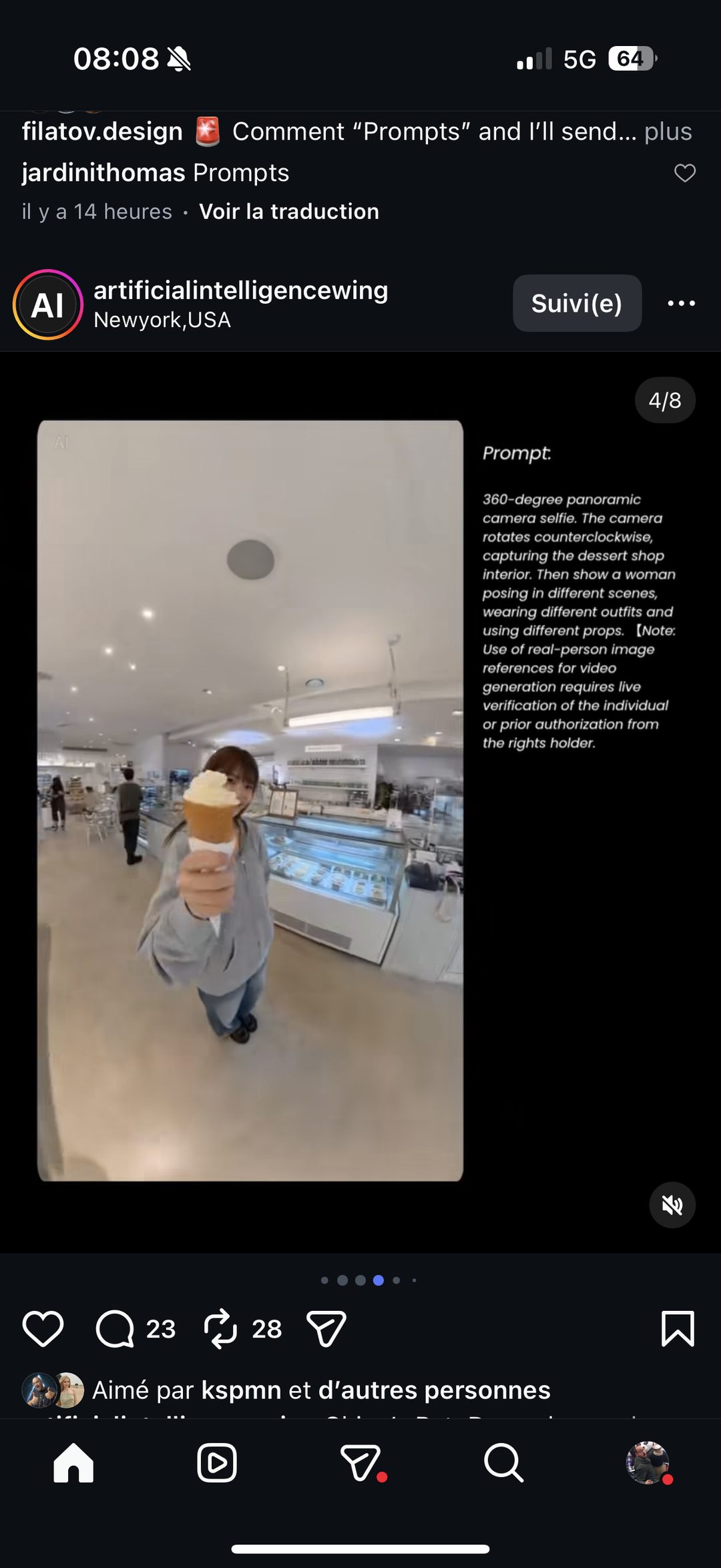 Selfie panoramique 360° dans une boutique de desserts, plusieurs mises en scène/tenues successives