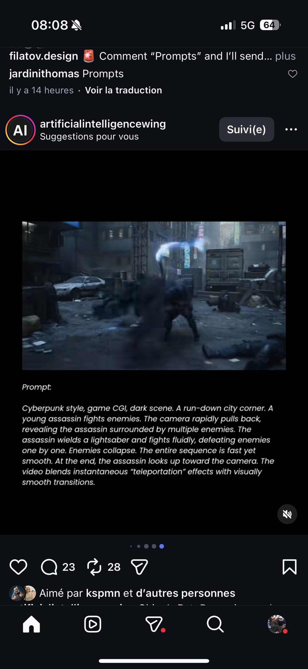 Scène cyberpunk CGI — jeune assassin au sabre-laser affrontant plusieurs ennemis dans une ruelle