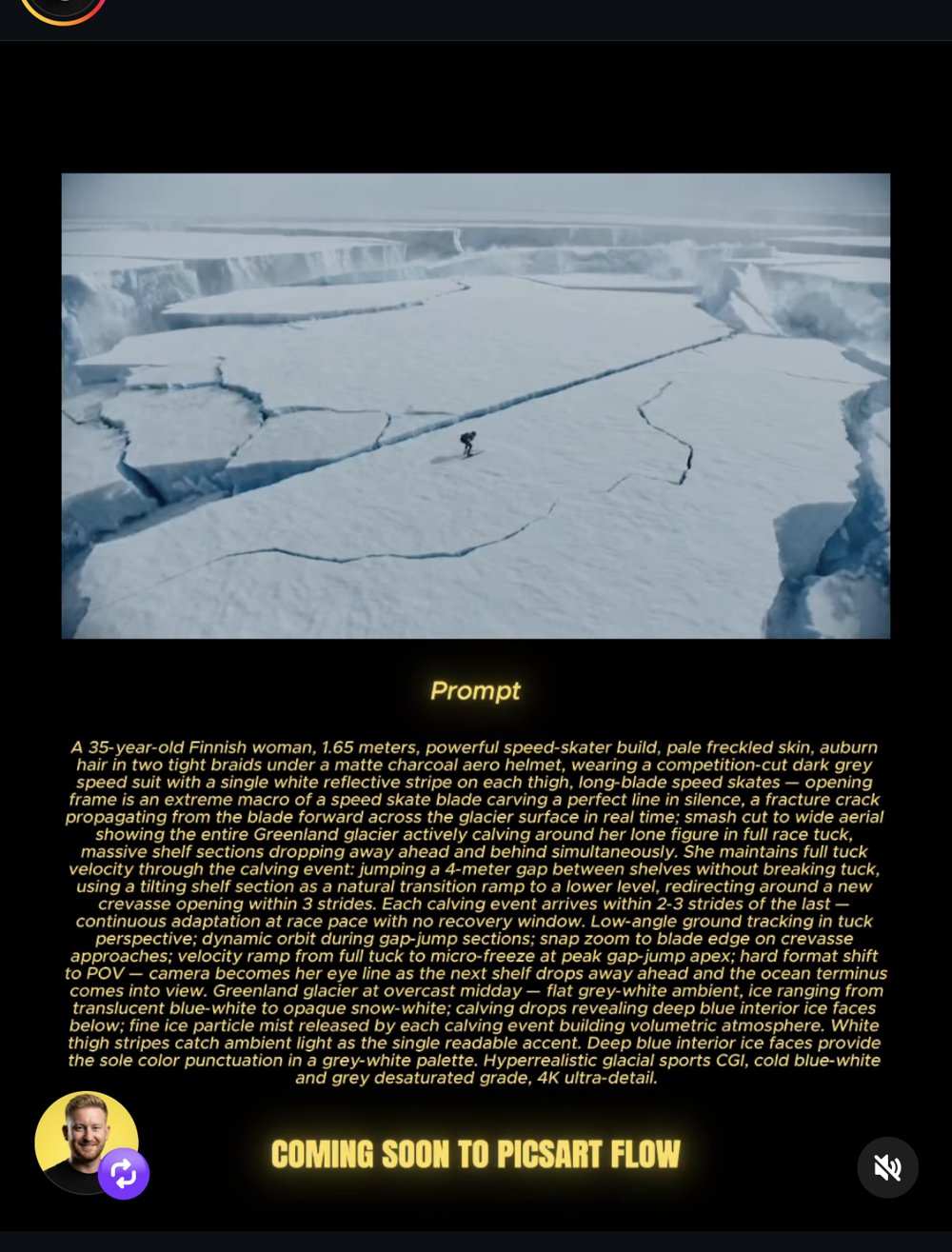 ai.withphil — Seedance 2.0, patineuse de vitesse sur glacier en vêlage