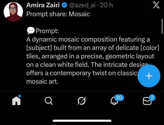 Amira Zairi prompt partage Mosaic composition tuiles