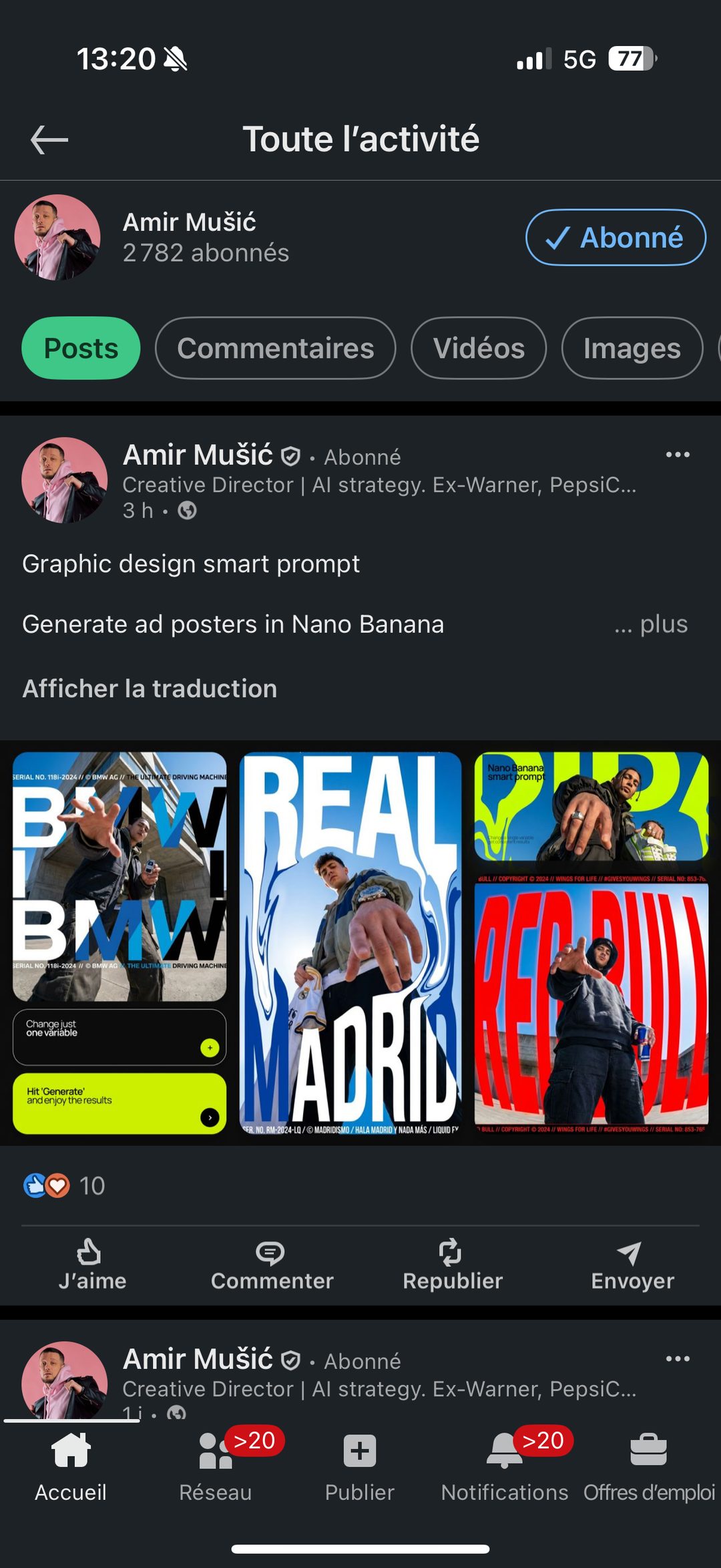 Résultats du même prompt appliqués à BMW, Real Madrid et Red Bull — typographie géante, athlète en premier plan
