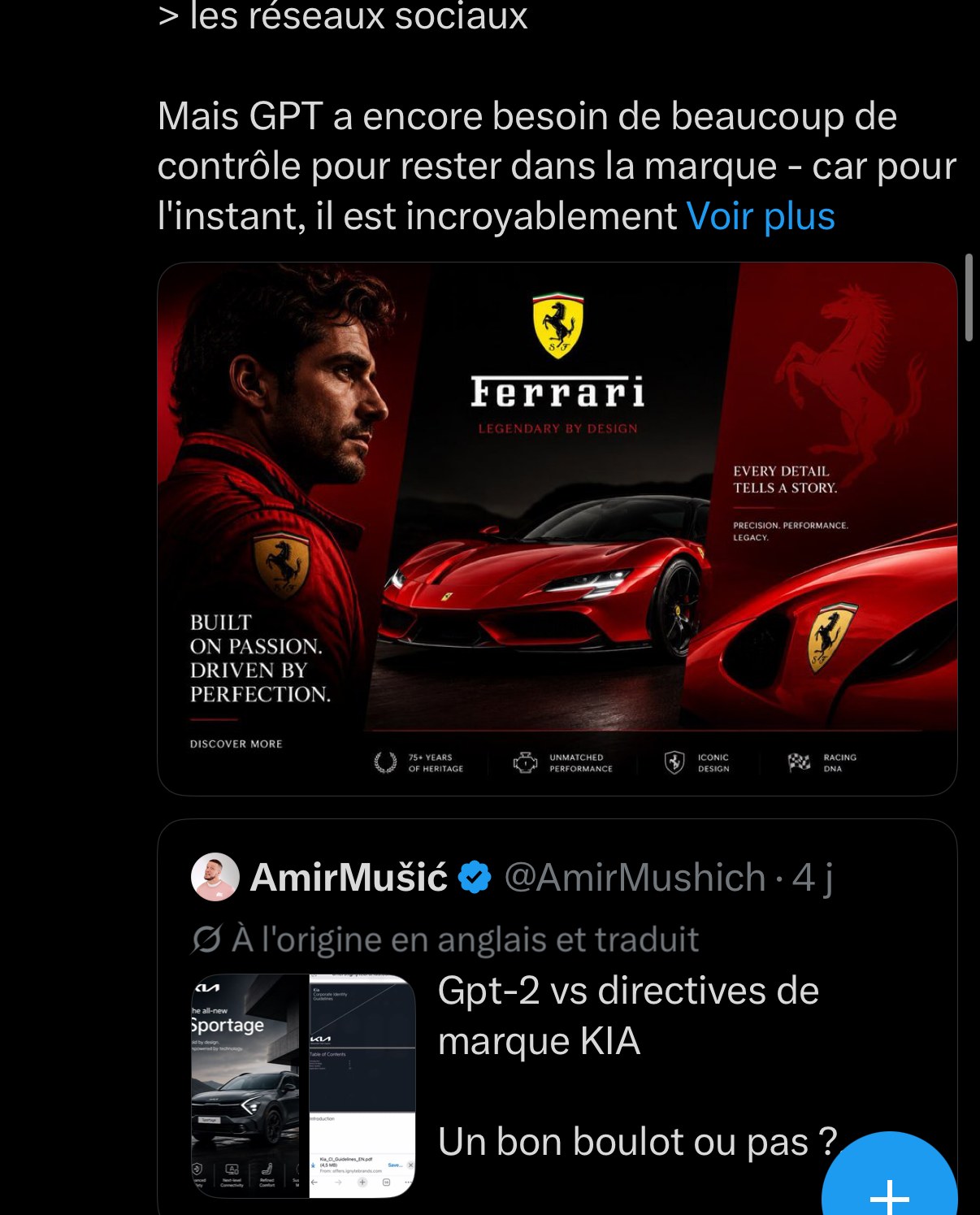 Ferrari « Legendary by Design » — affiche héroïque pilote + véhicule + picto attributs de marque