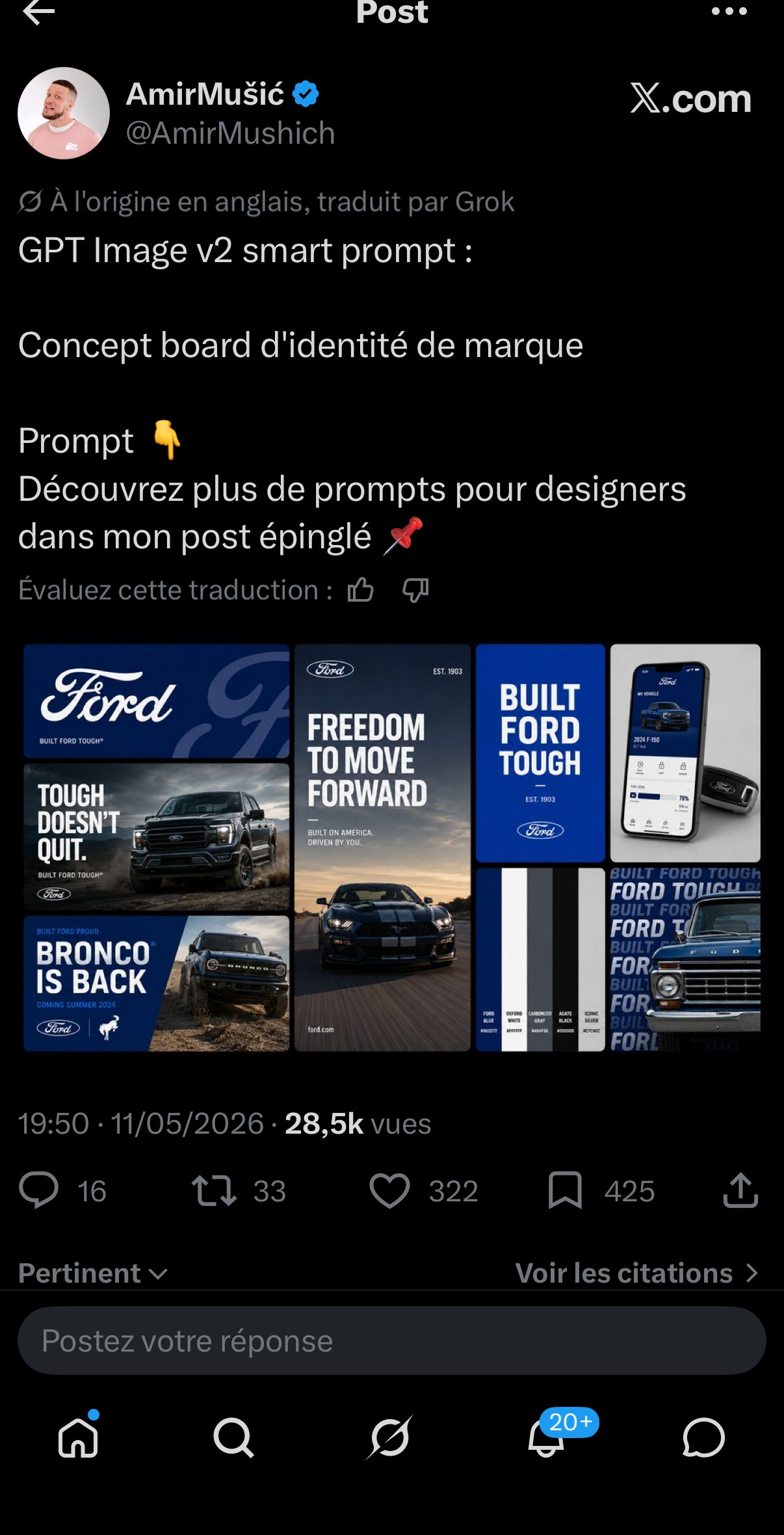 Ford — concept board d'identité complet (bannières, packshot véhicule, palette couleurs, écran app mobile)