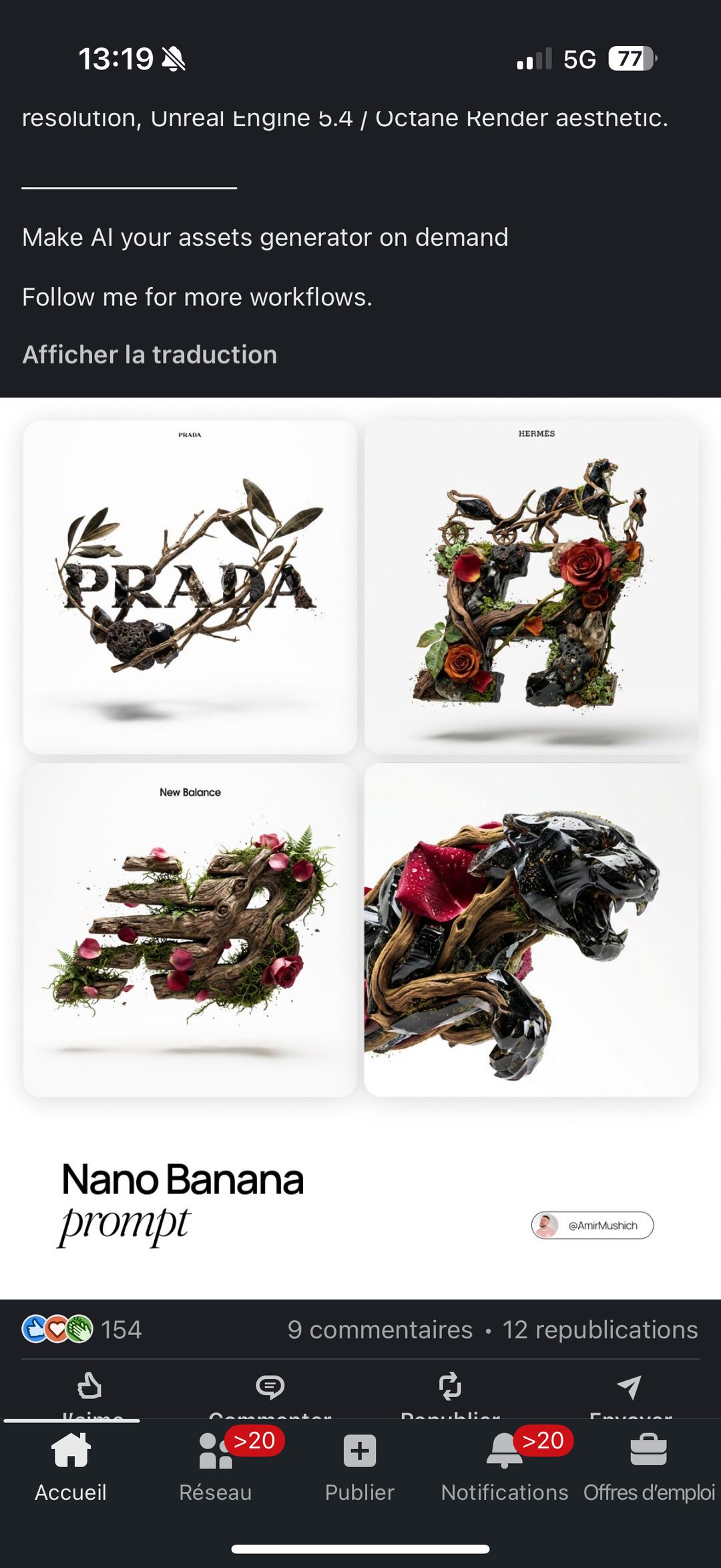 « Logo → matière naturelle » — logos Prada (branches), Hermès (fleurs/mousse), New Balance (bois), panthère façon lave/obsidienne