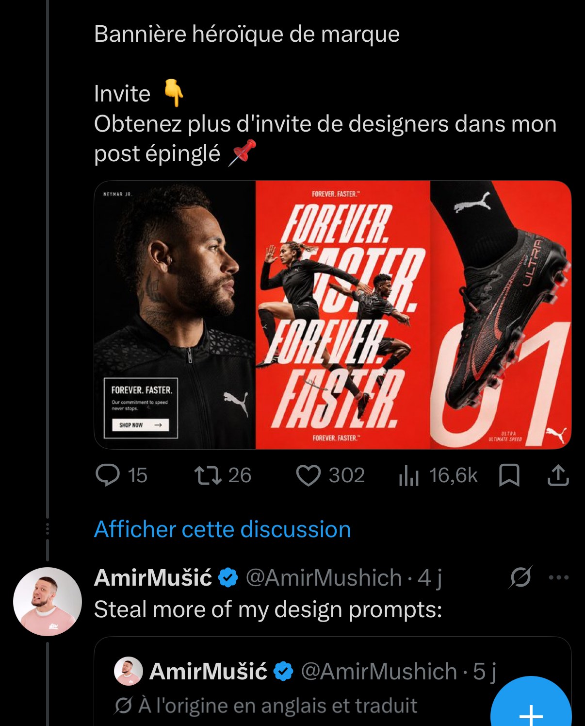Puma « Forever. Faster. » — bannière héroïque avec Neymar Jr et détail crampon produit