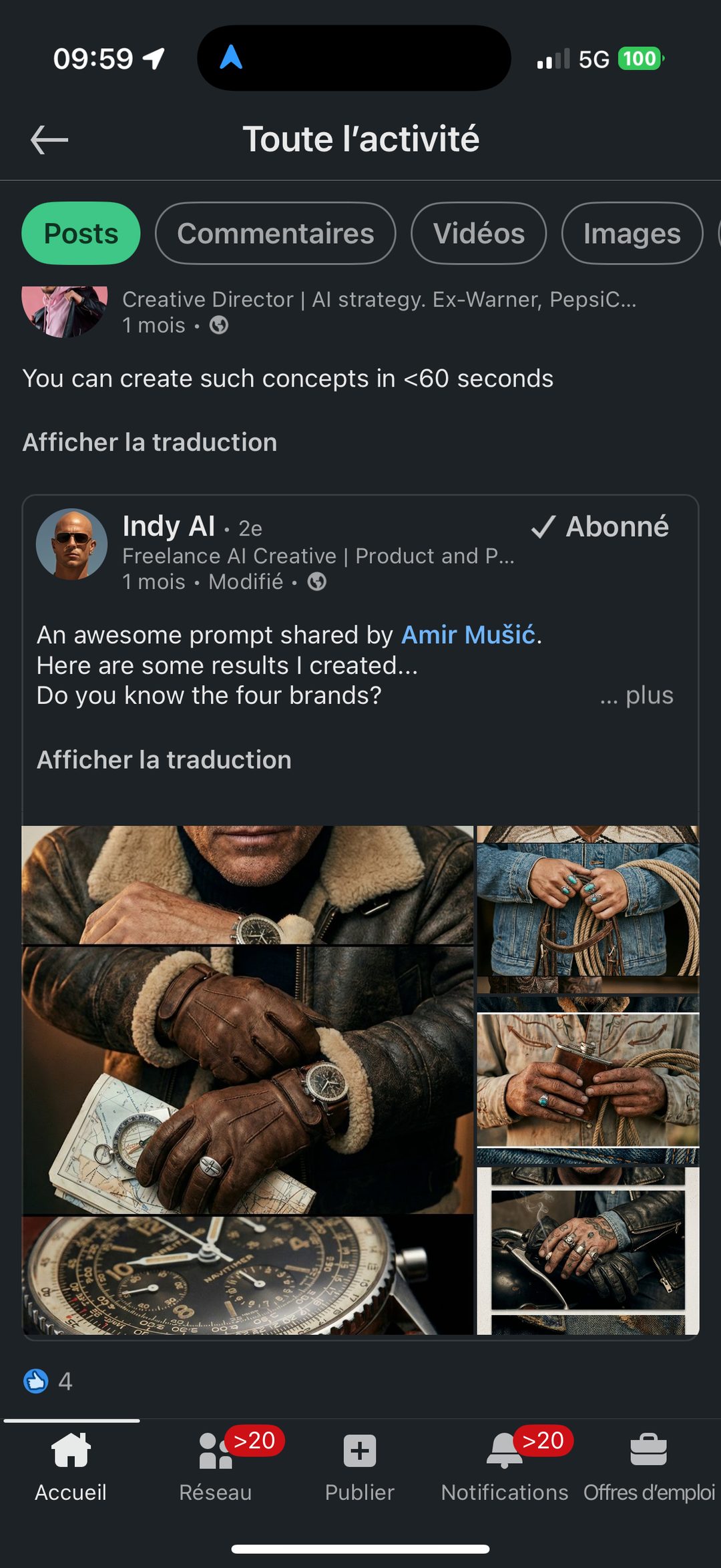 Repost Indy AI — storytelling objet de marque (montre, gants, corde, flasque) façon éditorial western/aventure, 4 marques à deviner