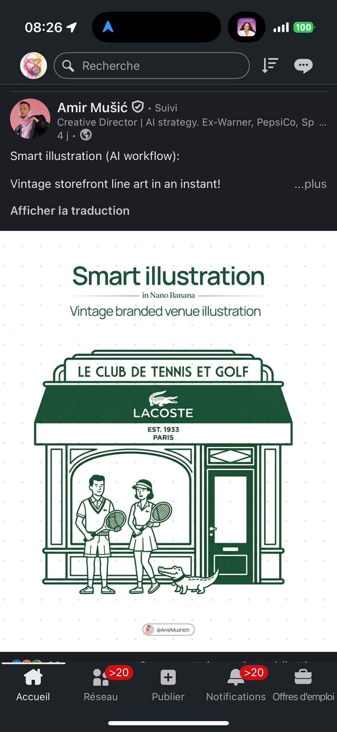 Illustration vitrine vintage au trait — « Le Club de Tennis et Golf » Lacoste, façade et personnages en ligne verte