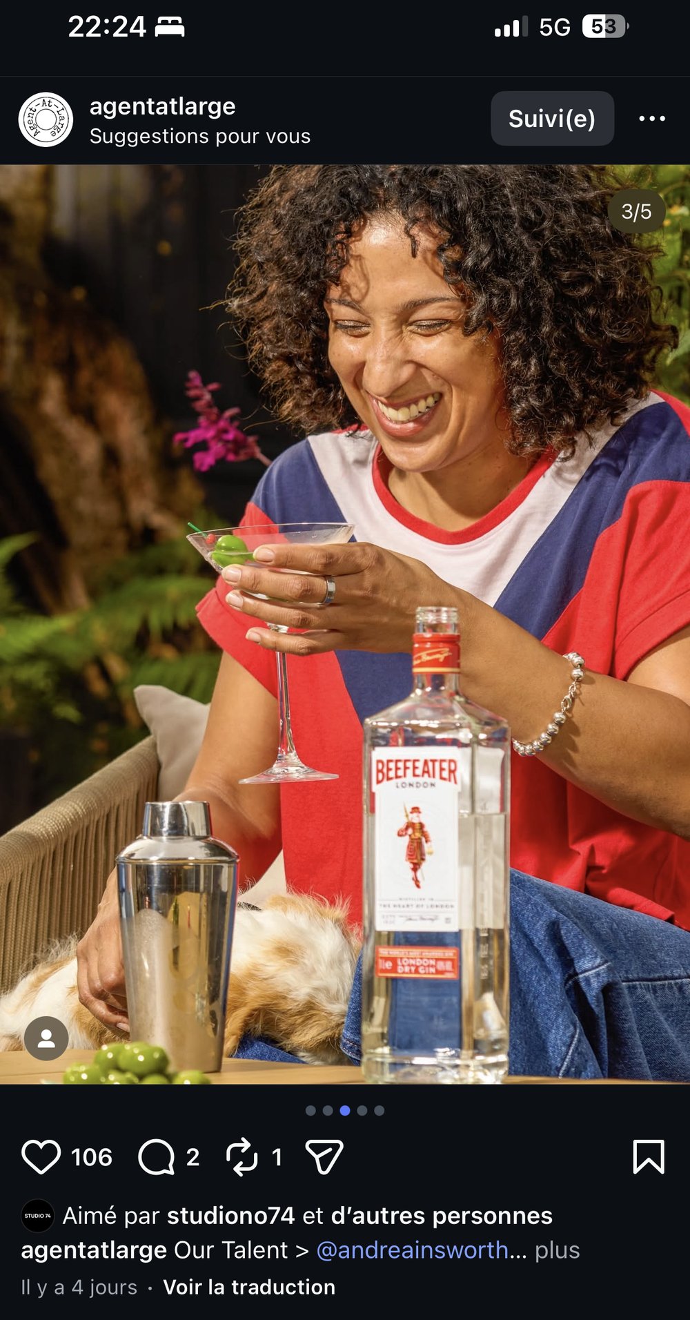 Portrait lifestyle — martini Beefeater, shaker et bouteille de gin