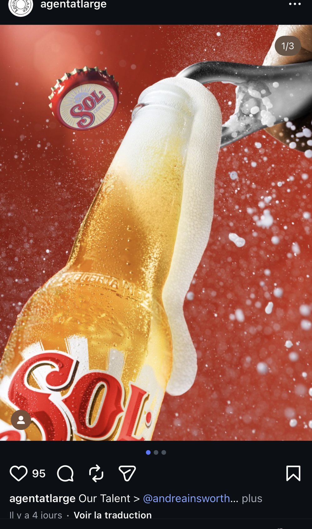 Bière Sol — capsule qui saute, mousse qui déborde, fond rouge