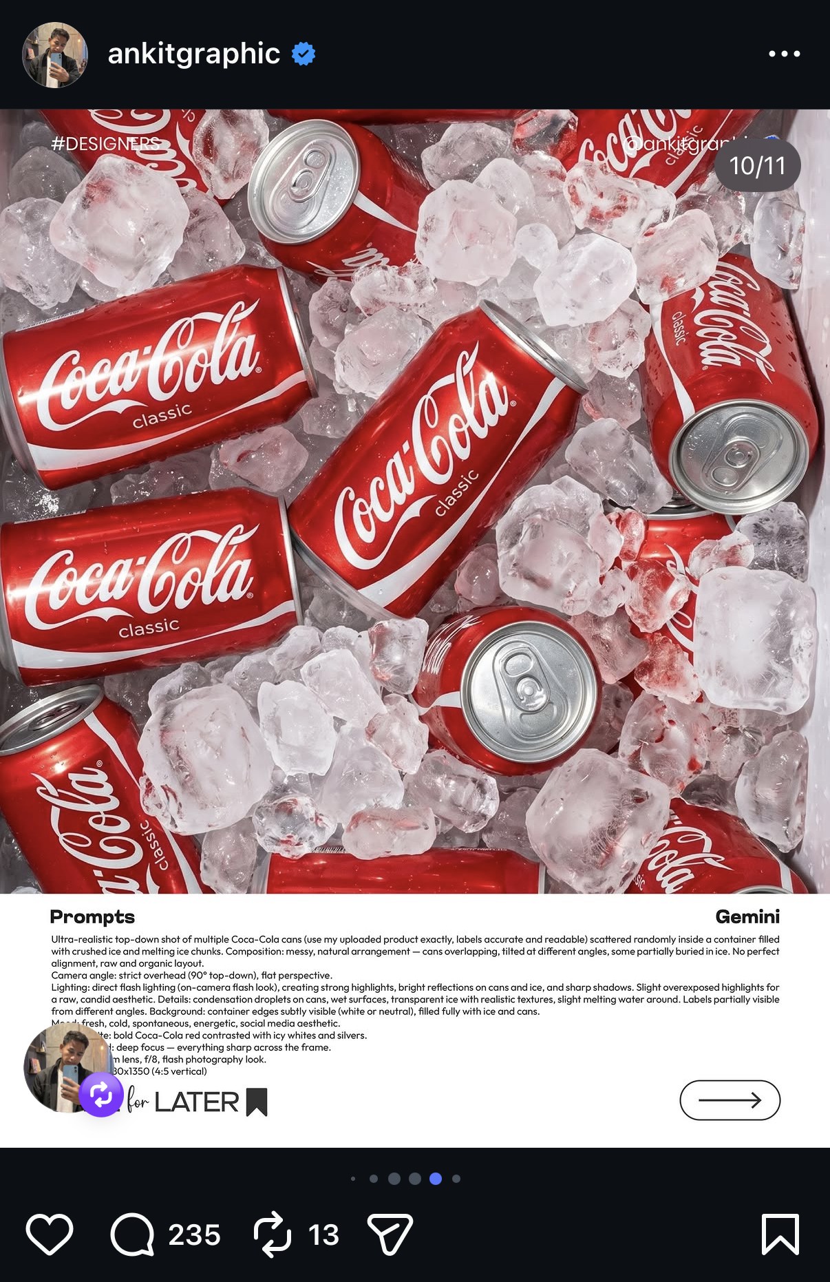 Prompt 10/11 — canettes Coca-Cola classic en vrac sur glace pilée, cadrage plongée à 90°, lumière flash directe, esthétique réseaux sociaux