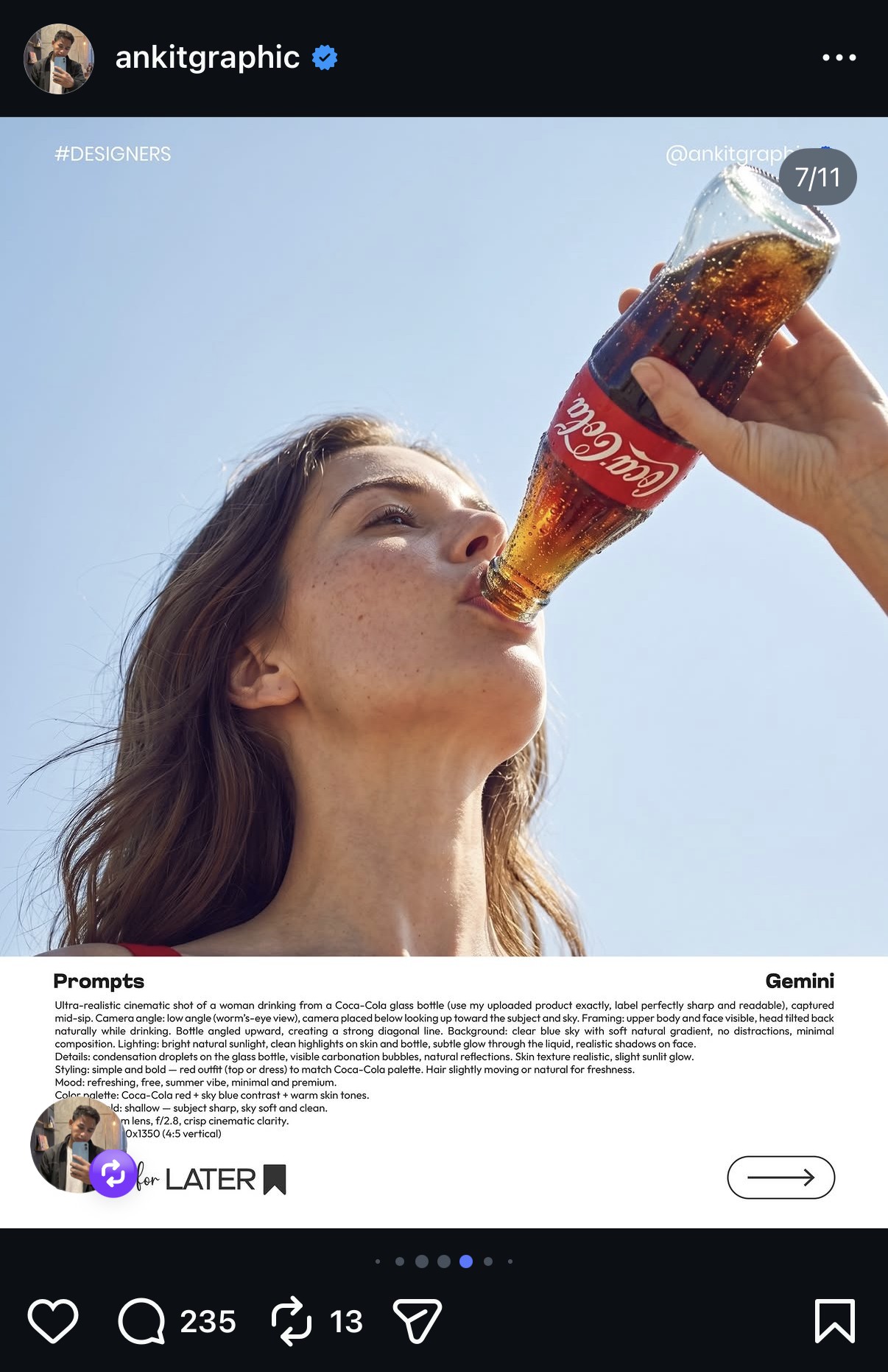 Prompt 7/11 — femme buvant à une bouteille en verre Coca-Cola, contre-plongée vers un ciel bleu clair, étiquette produit exacte préservée
