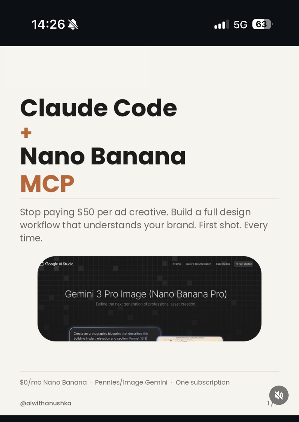 aiwithanushka — « Claude Code + Nano Banana MCP » : stop payer 50$ par créa publicitaire, workflow design complet qui comprend votre marque