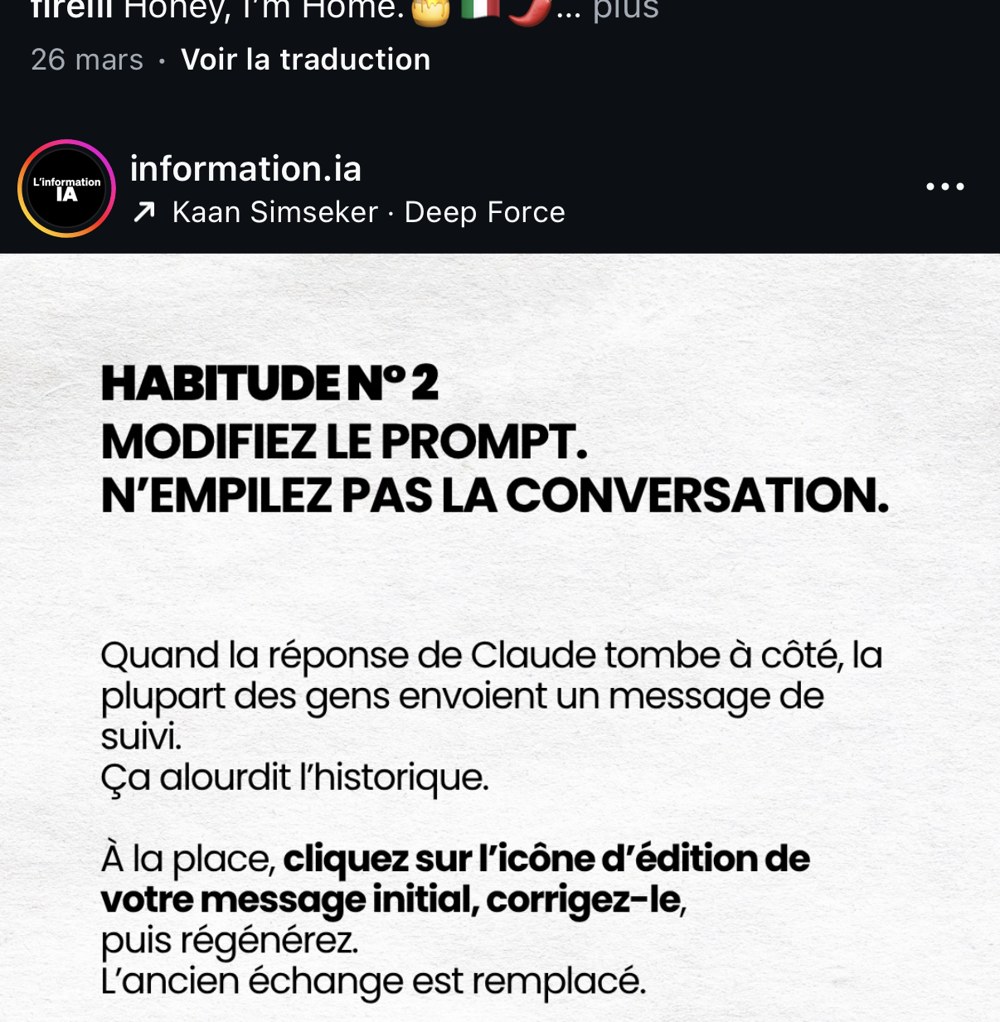 information.ia — « Habitude N°2 : modifiez le prompt, n'empilez pas la conversation » (jusqu'à 80-90% de tokens économisés)