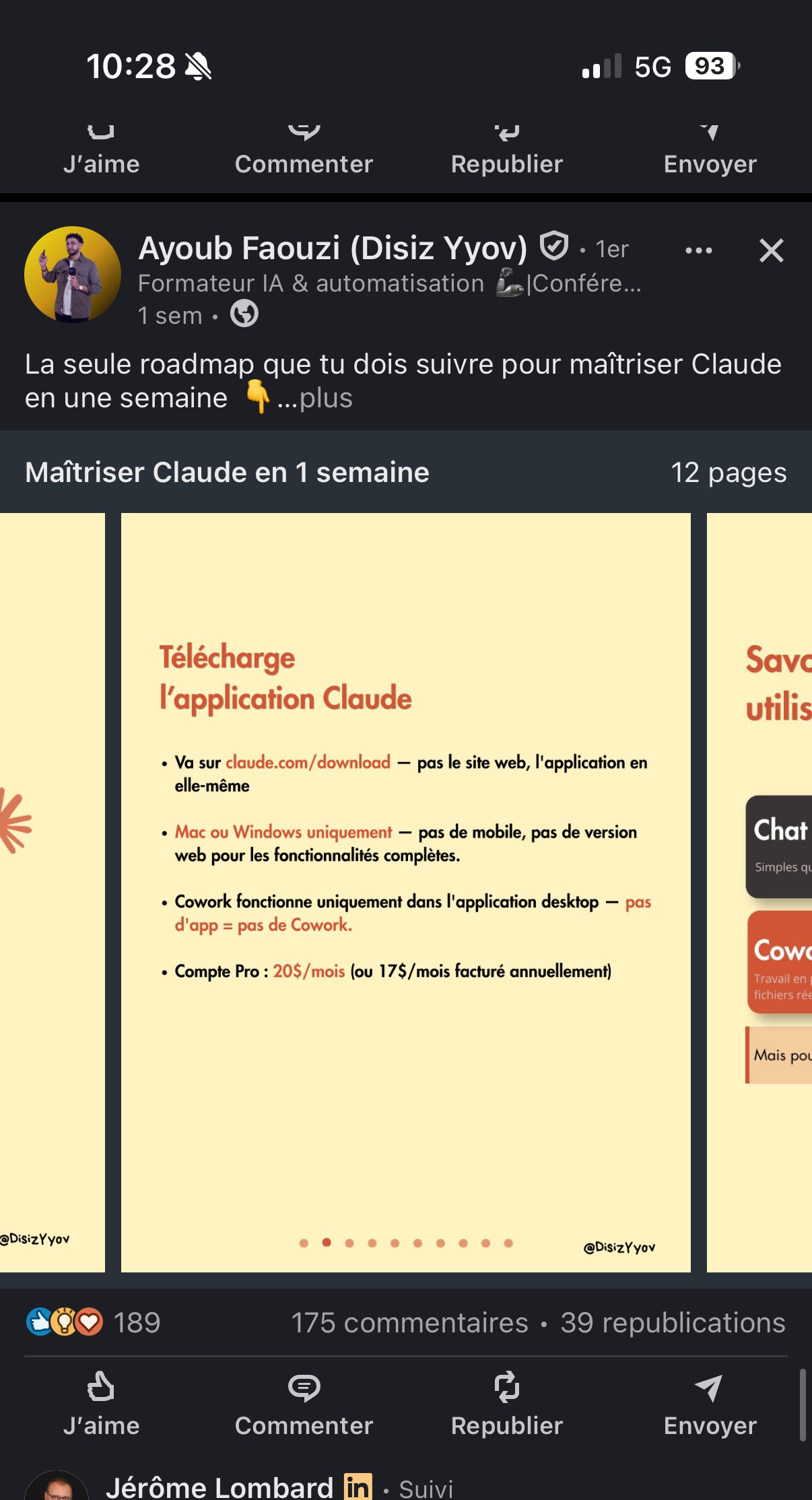 « Maîtriser Claude en 1 semaine » — étape « Télécharge l'application Claude » : claude.com/download (pas le site web), Mac/Windows uniquement, Cowork fonctionne uniquement dans l'app desktop, compte Pro 20$/mois