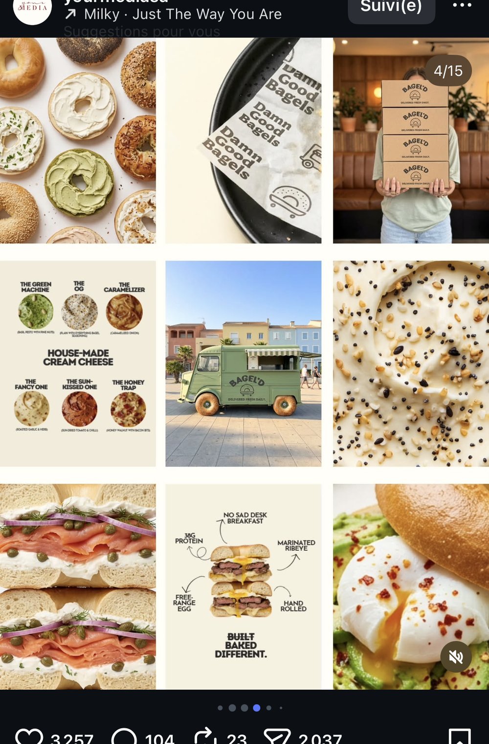 Bento grid 2 — bagels garnis, papier « Damn Good Bagels », camion food-truck, carte de fidélité