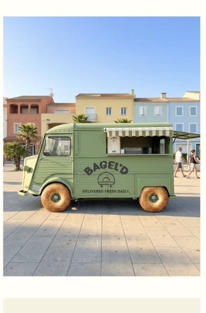 Food-truck vintage vert « Bagel'd — Delivered Fresh Daily », rue méditerranéenne