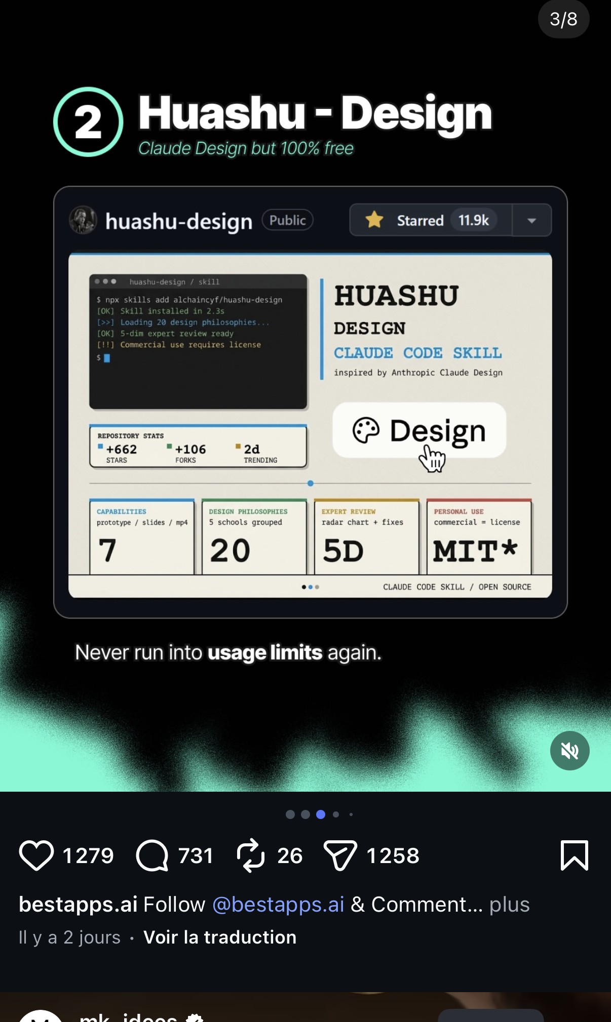 2. Huashu-Design — « Claude Design but 100% free », 11,9k étoiles GitHub