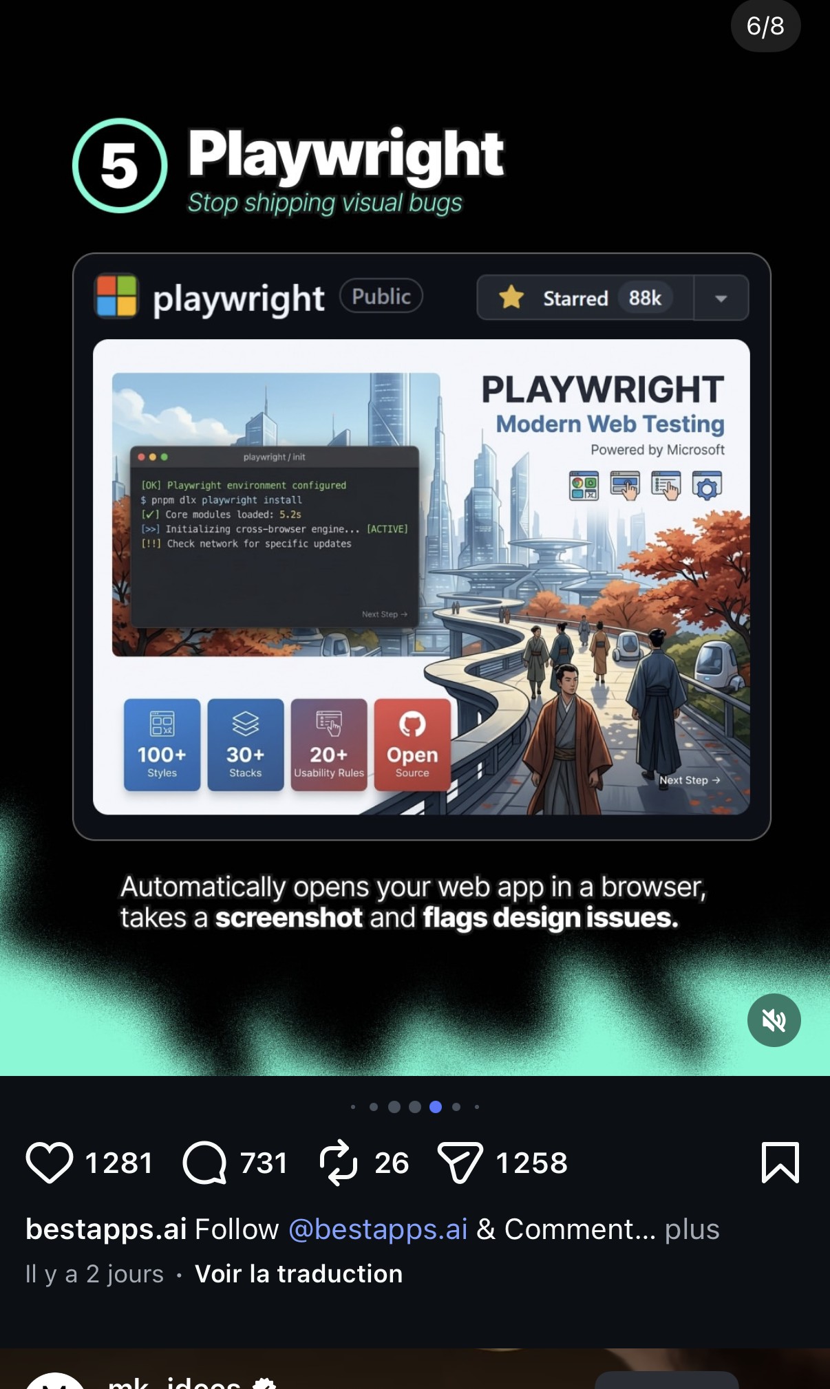5. Playwright — « Stop shipping visual bugs », ouvre automatiquement l'app web dans un navigateur et détecte les problèmes de design