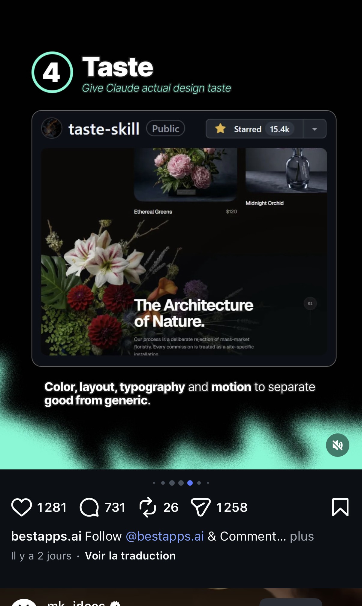 4. Taste — « Give Claude actual design taste » : couleur, mise en page, typographie et mouvement pour distinguer le bon du générique
