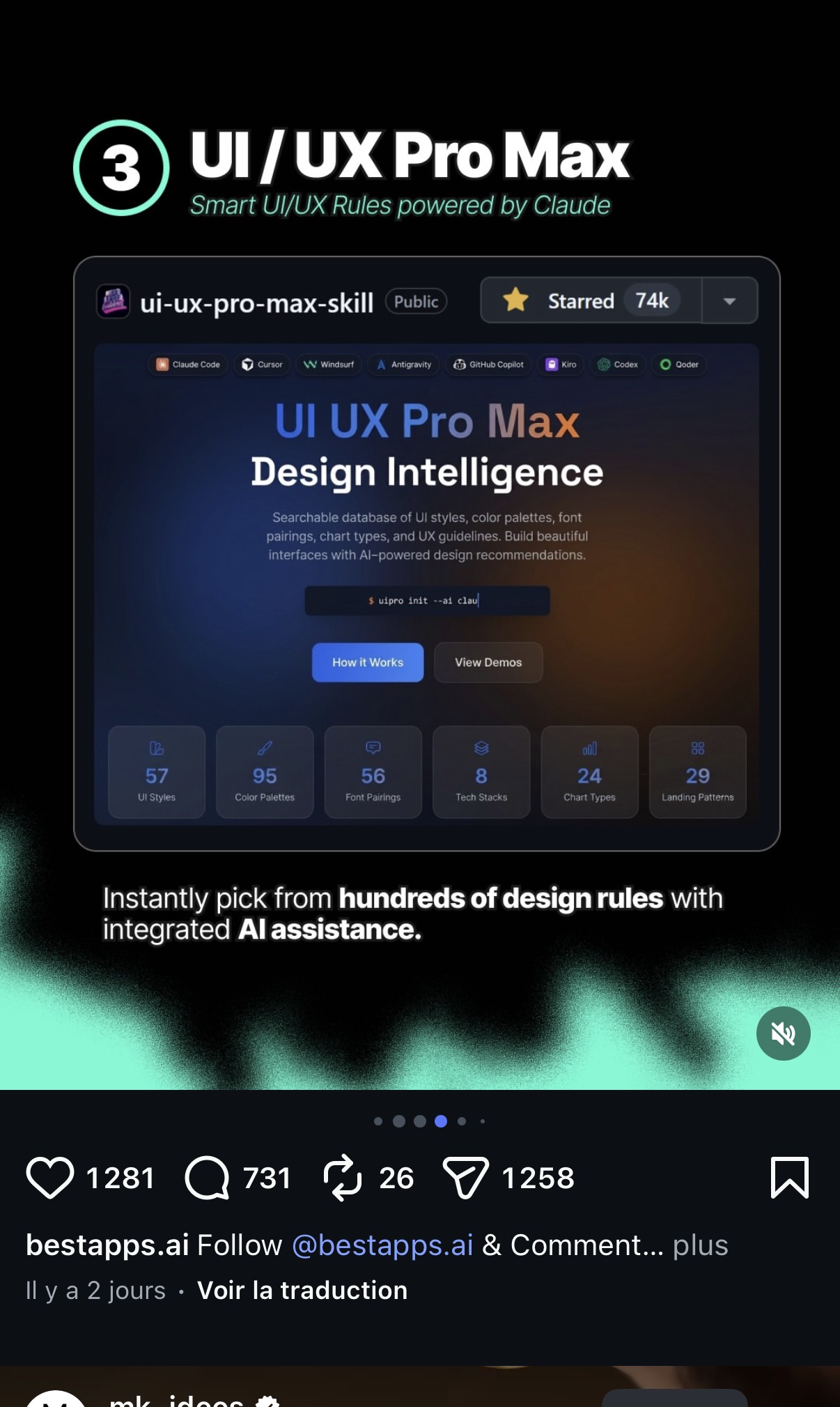3. UI/UX Pro Max — « Smart UI/UX Rules powered by Claude », centaines de règles de design avec assistance IA intégrée