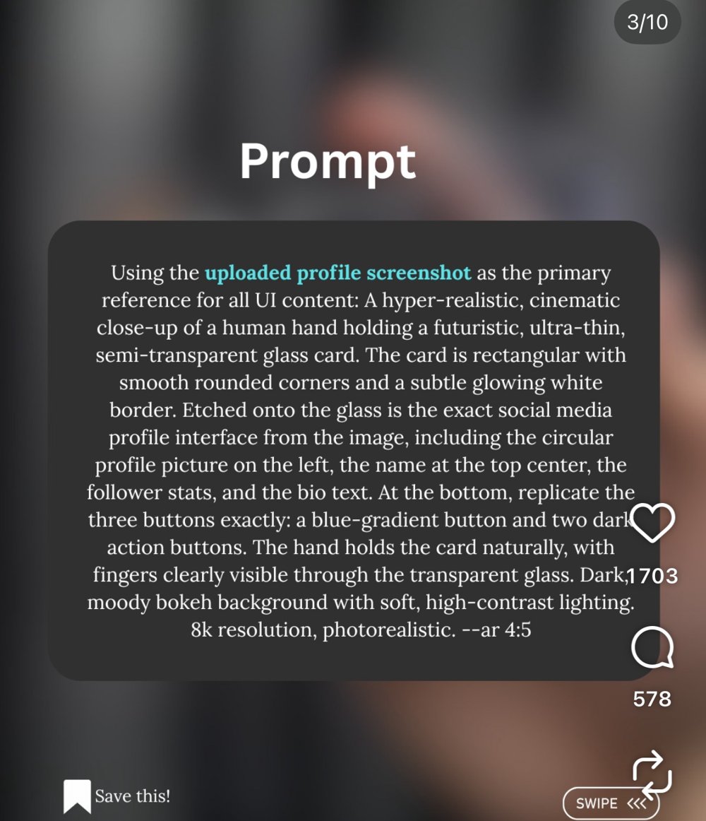 Prompt « carte de profil en verre transparent » tenue en main (slide 3/10)
