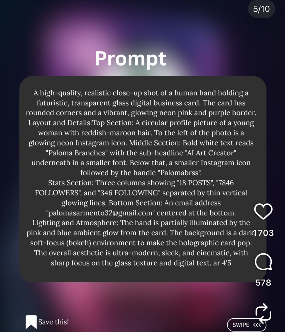 Prompt carte néon rose/violet, profil « AI Art Creator » (slide 5/10)