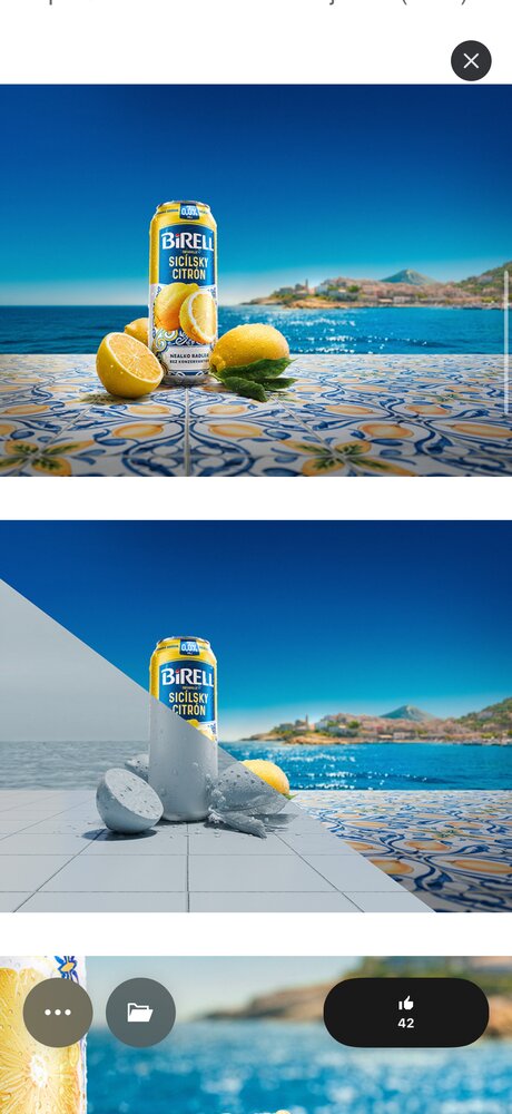 Canette Birell Sicilský Citrón posée sur un carrelage méditerranéen avec citrons, mer en fond