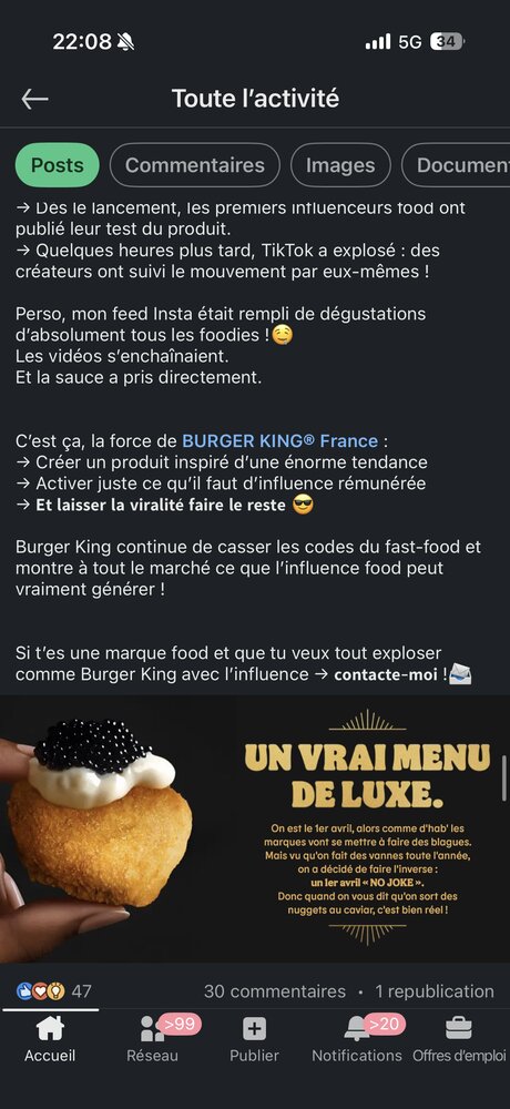 Nugget Burger King recouvert de caviar, présentation « produit de luxe »