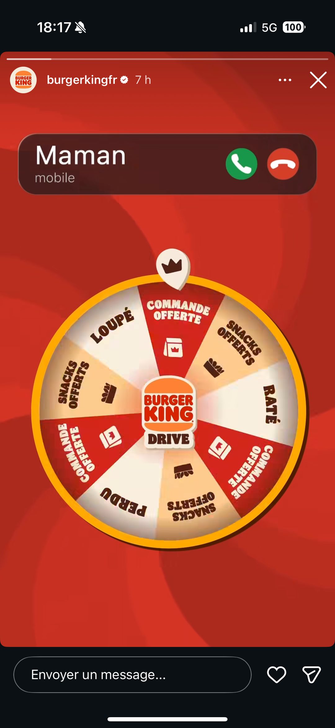 Roue Burger King Drive (commande/snacks offerts, perdu, raté)
