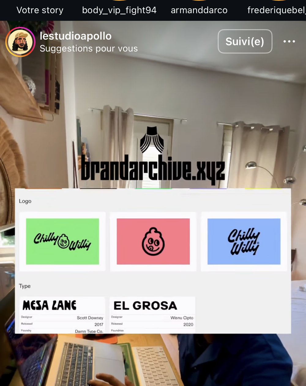 Démonstration à l'écran du site brandarchive.xyz : fiche logo « Chilly Willy » (3 variantes) et typographies Mesa Lane / El Grosa