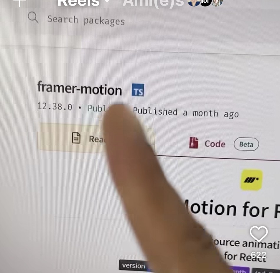 bryanrichmaker — npm framer-motion, librairie d'animation open-source pour React, sur le point d'être intégrée au projet