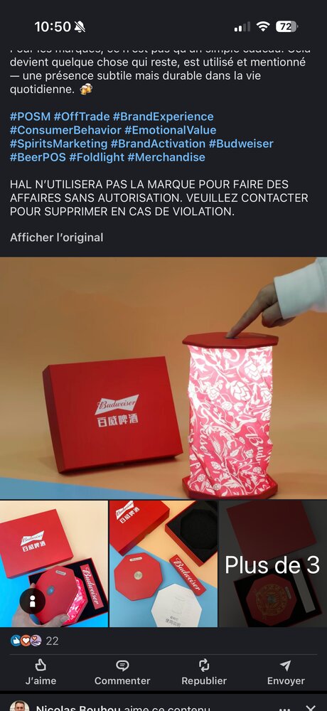 Lampe rotative pliable co-brandée Budweiser, motif origami, coffret rouge