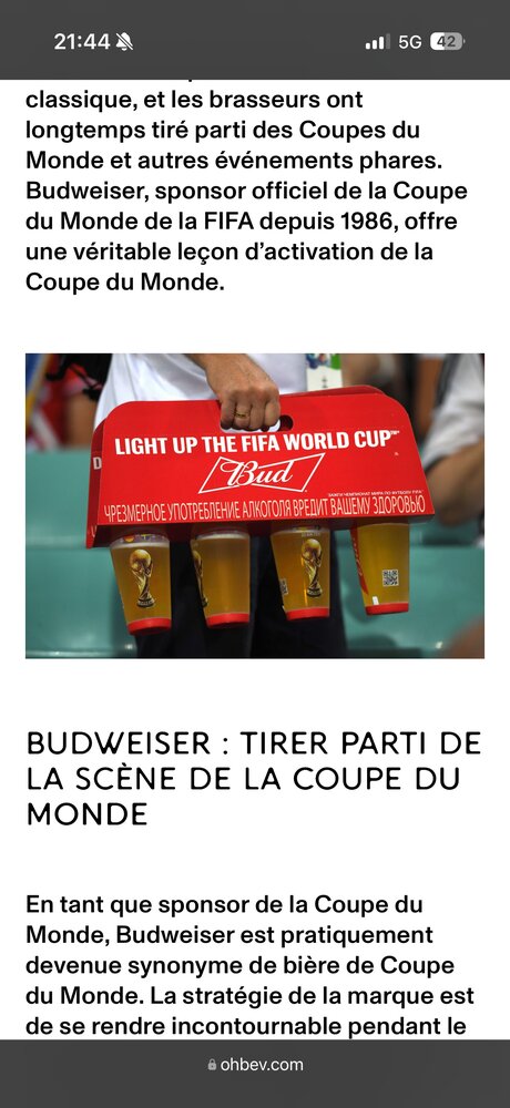 Porte-gobelets Budweiser Coupe du Monde tenu dans les gradins