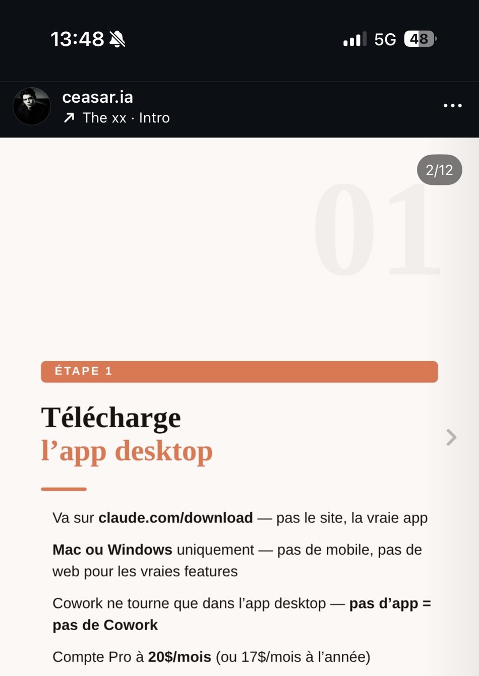 ceasar.ia — Étape 1 « Télécharge l'app desktop » : claude.com/download, Cowork réservé à l'app desktop, Compte Pro à 20$/mois