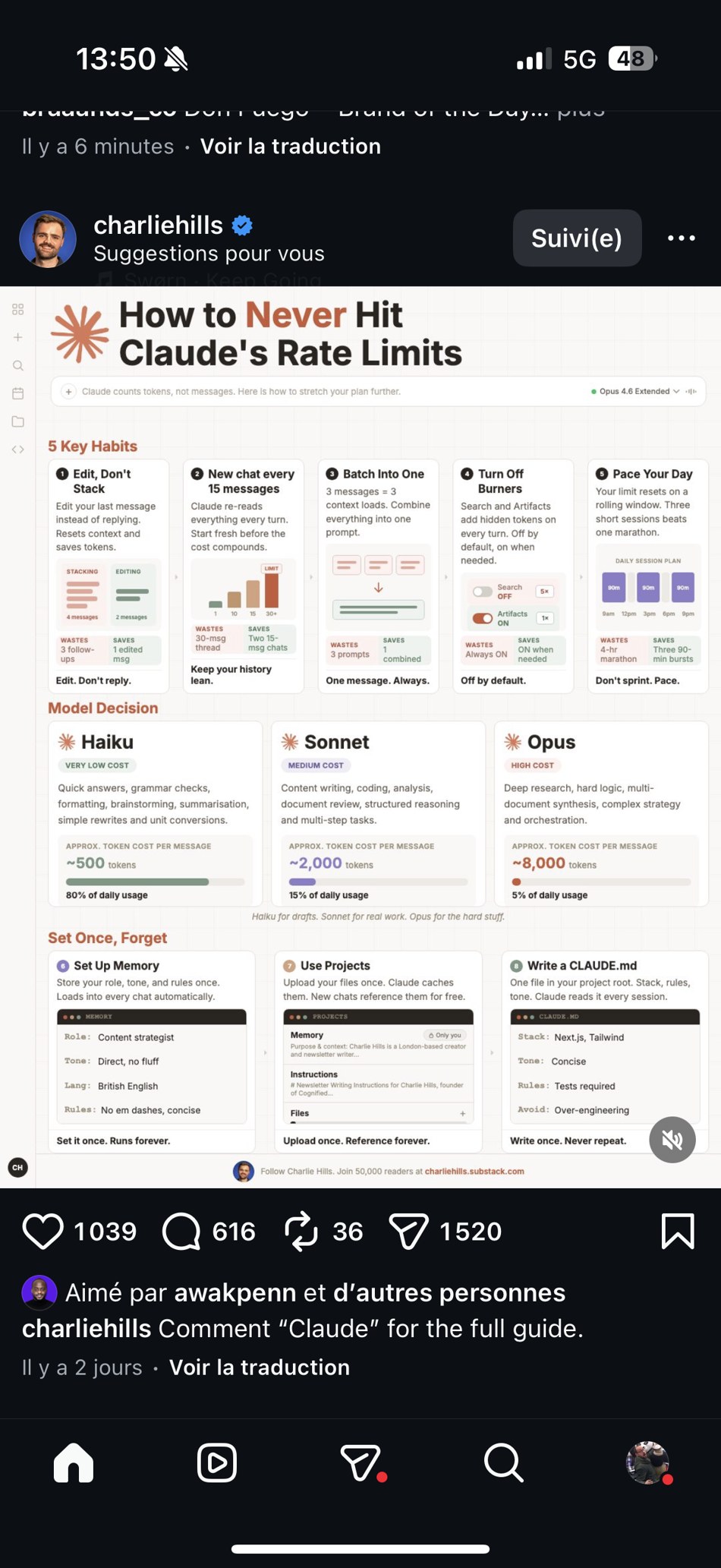 charliehills — « How to Never Hit Claude's Rate Limits » : 5 habitudes clés, choix du modèle (Haiku/Sonnet/Opus), mémoire/projets/CLAUDE.md