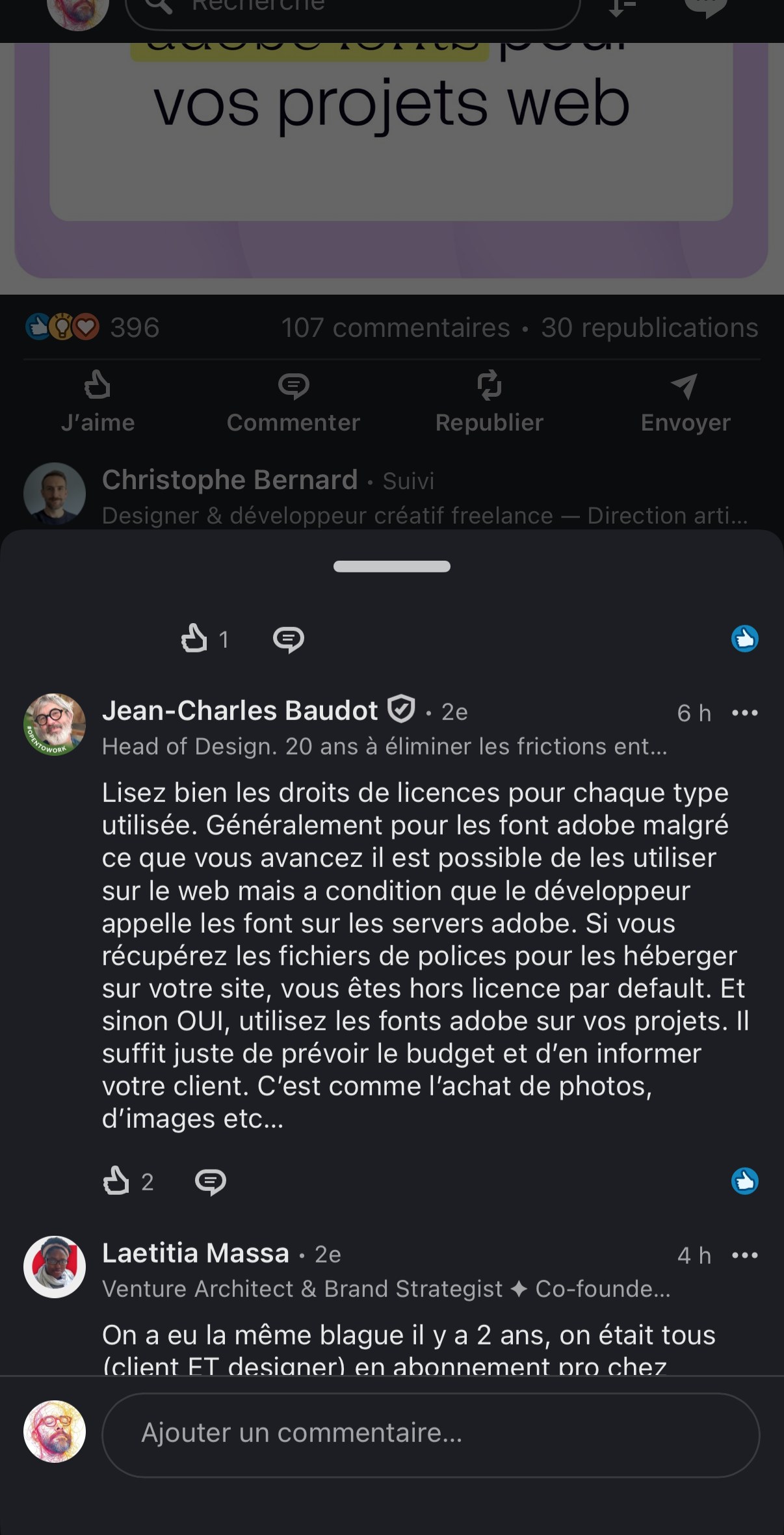 Post LinkedIn Christophe Bernard — mise en garde sur les risques de licence Adobe Fonts en usage web