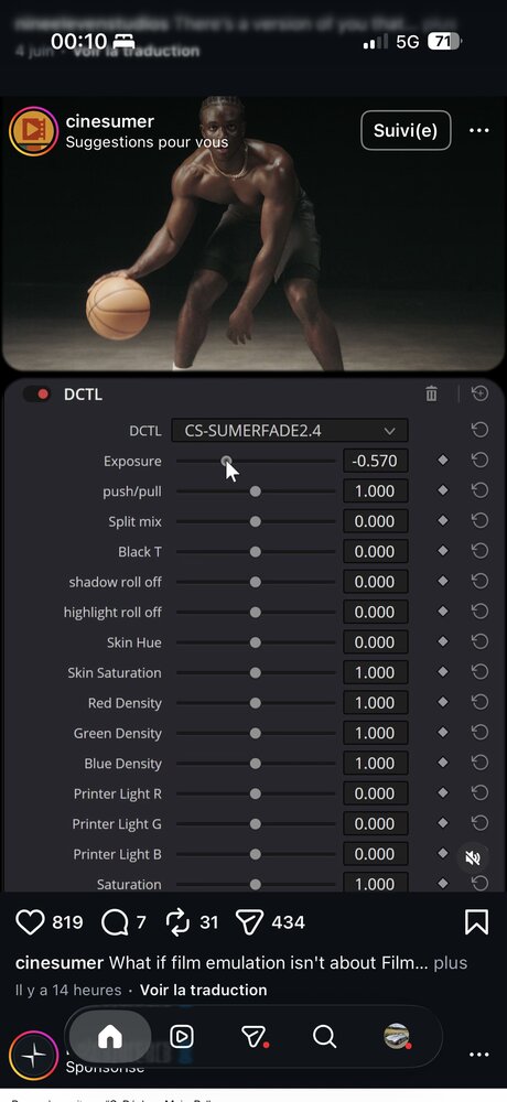 Interface DCTL de color grading avec curseurs exposition, saturation, densité