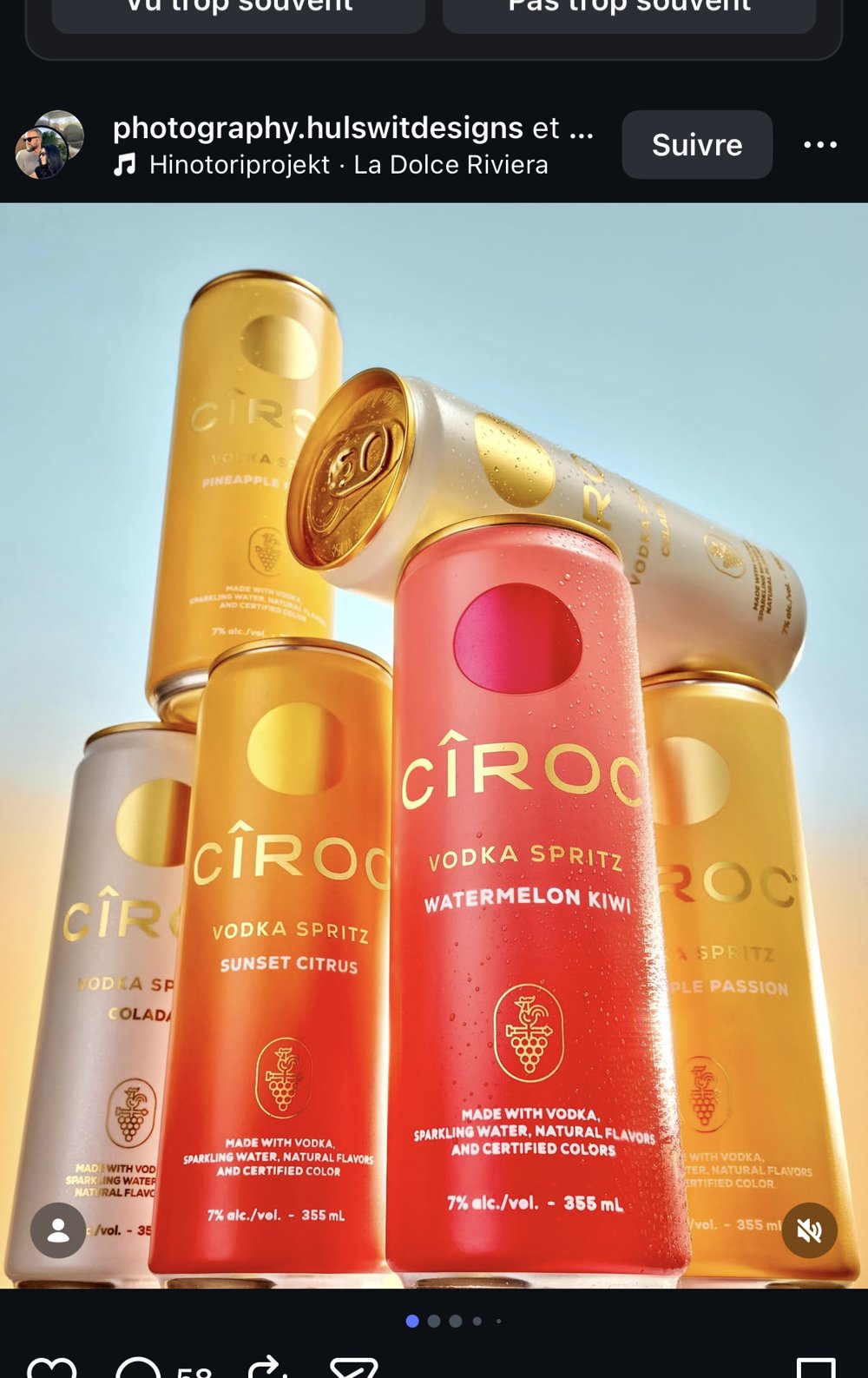 Alignement des 3 parfums CÎROC Vodka Spritz (Coconut Colada, Sunset Citrus, Watermelon Kiwi) sur fond dégradé jaune/rose