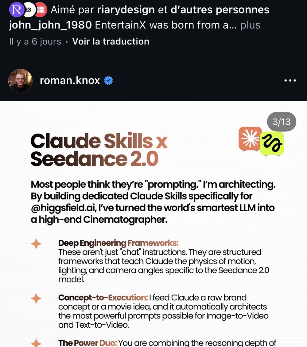 roman.knox — « Claude Skills x Seedance 2.0 », post expliquant la construction de skills dédiées à un modèle vidéo
