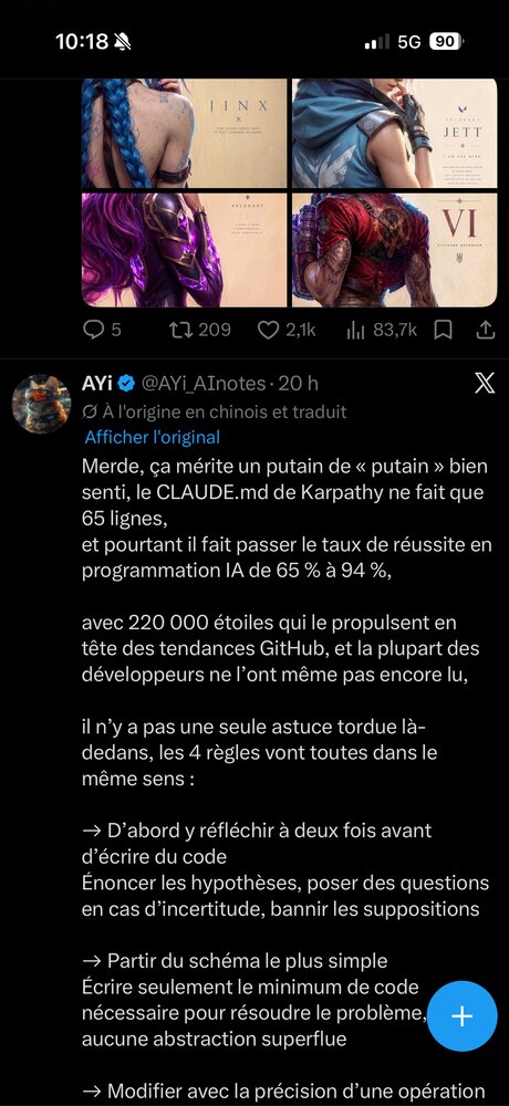 Capture d'un post analysant le fichier CLAUDE.md d'Andrej Karpathy — 65 lignes, +220 000 étoiles GitHub