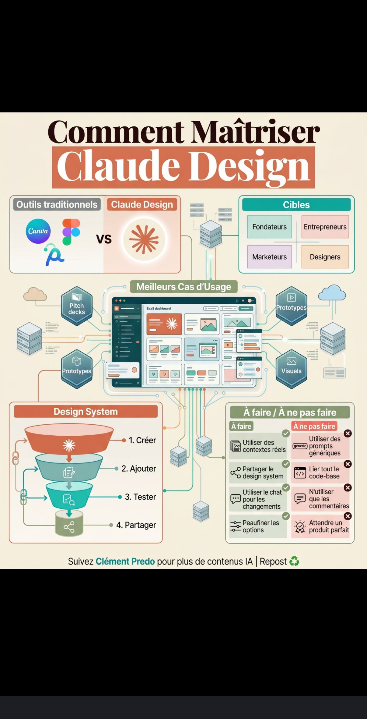Comparatif « Outils traditionnels » vs « Claude Design » (cibles : fondateurs, entrepreneurs, marketeurs, designers), meilleurs cas d'usage, do's and don'ts, méthode Créer→Ajouter→Tester→Partager