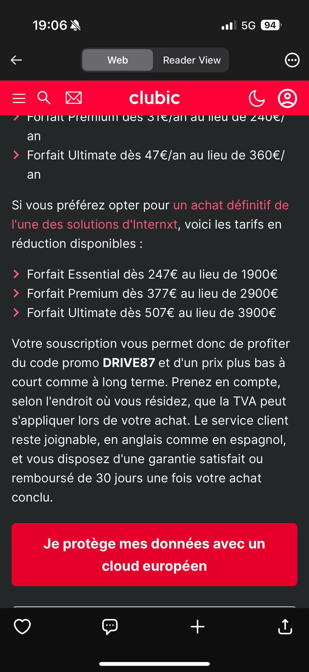 Article Clubic offre Internxt cloud europeen