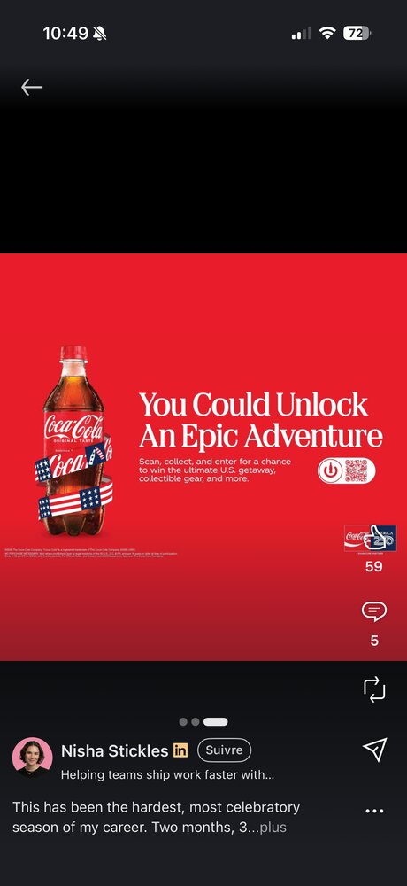 Bouteille Coca-Cola édition drapeau américain, accroche « You Could Unlock An Epic Adventure »
