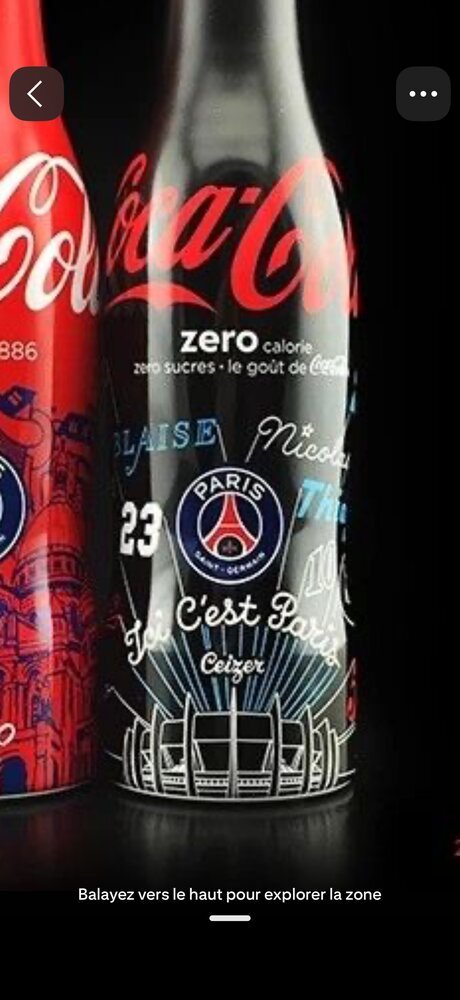 Bouteille Coca-Cola Zero customisée PSG, gravures façon graffiti