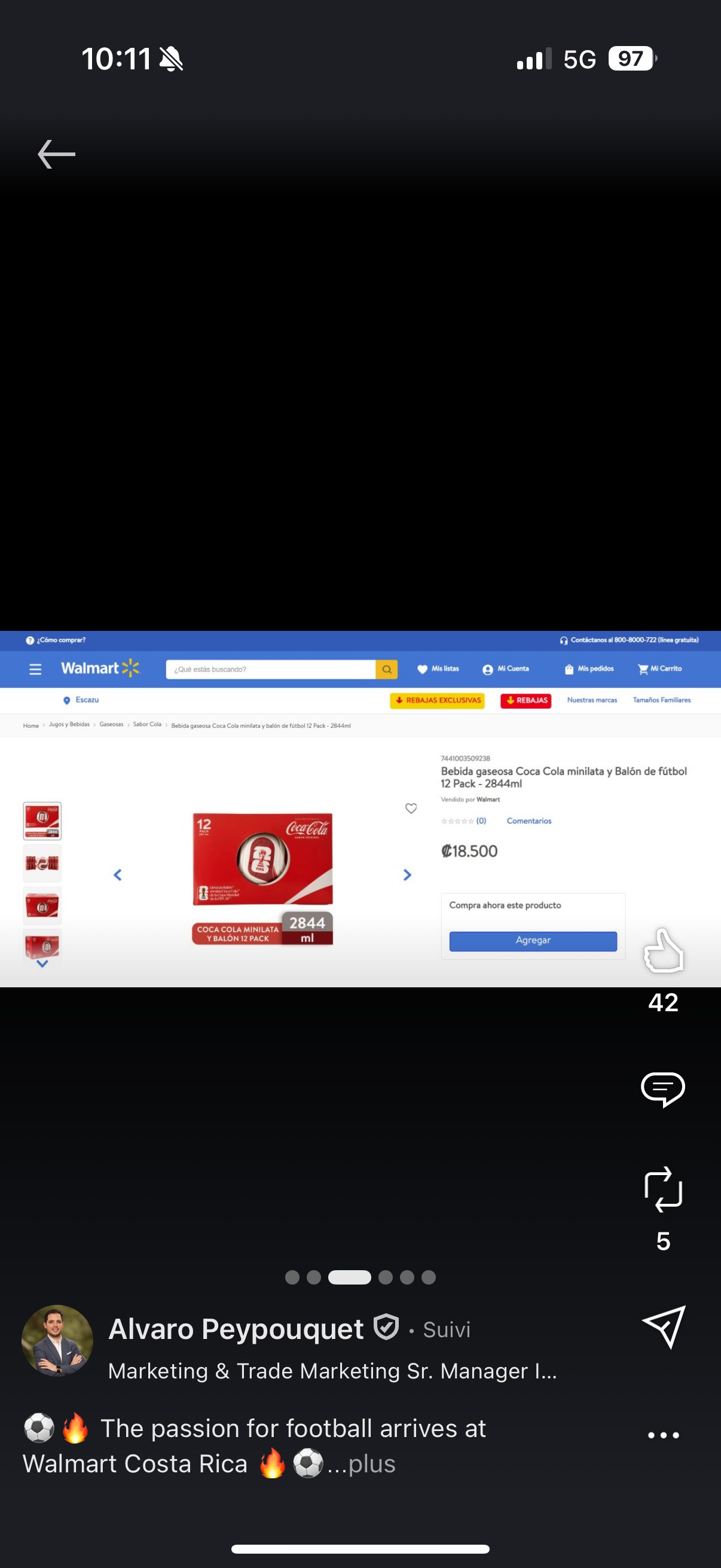 Fiche produit Walmart.co.cr — « Bebida gaseosa Coca-Cola minilata y Balón de fútbol 12 Pack - 2844ml », ₡18.500
