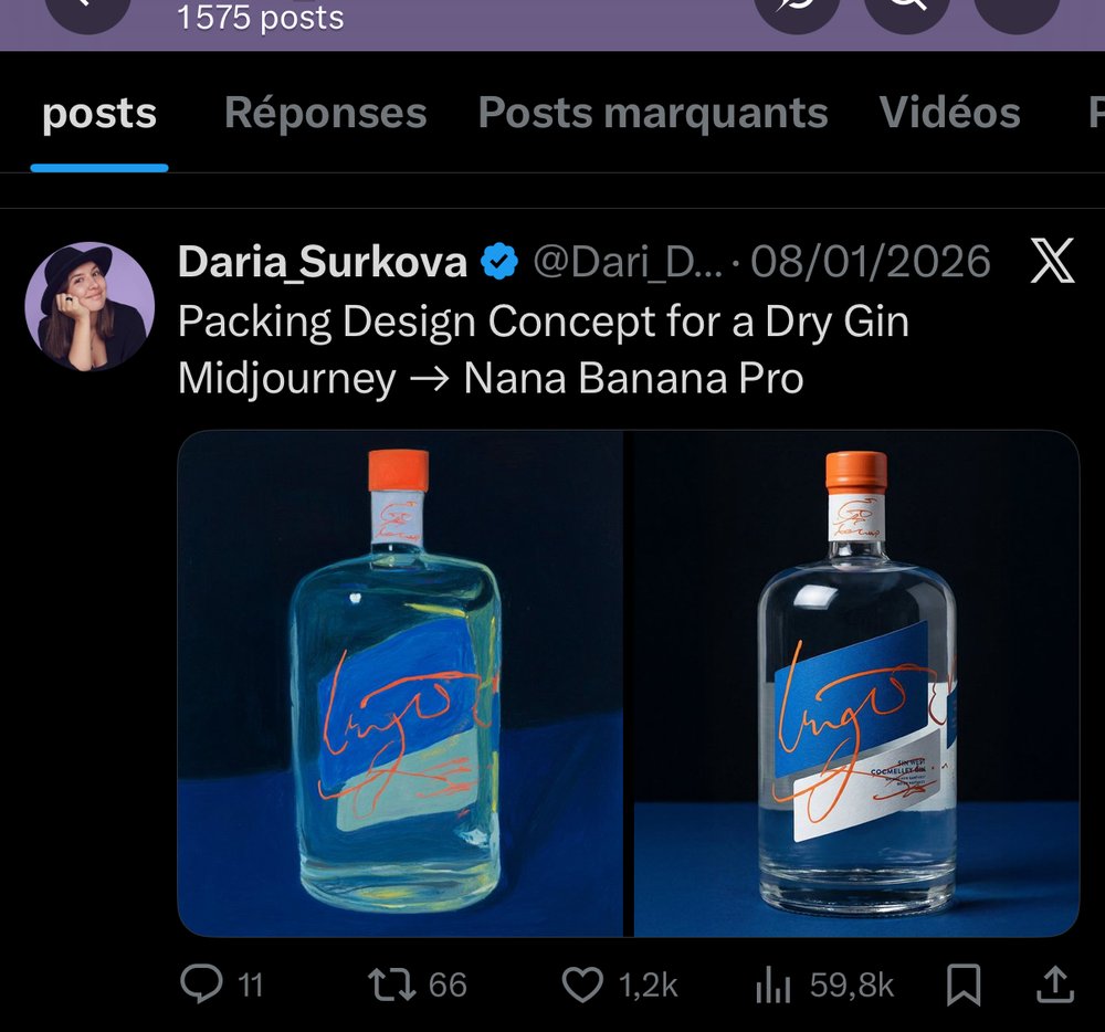Daria Surkova — illustration Midjourney transformée en packshot photoréaliste (gin, sardines) 4